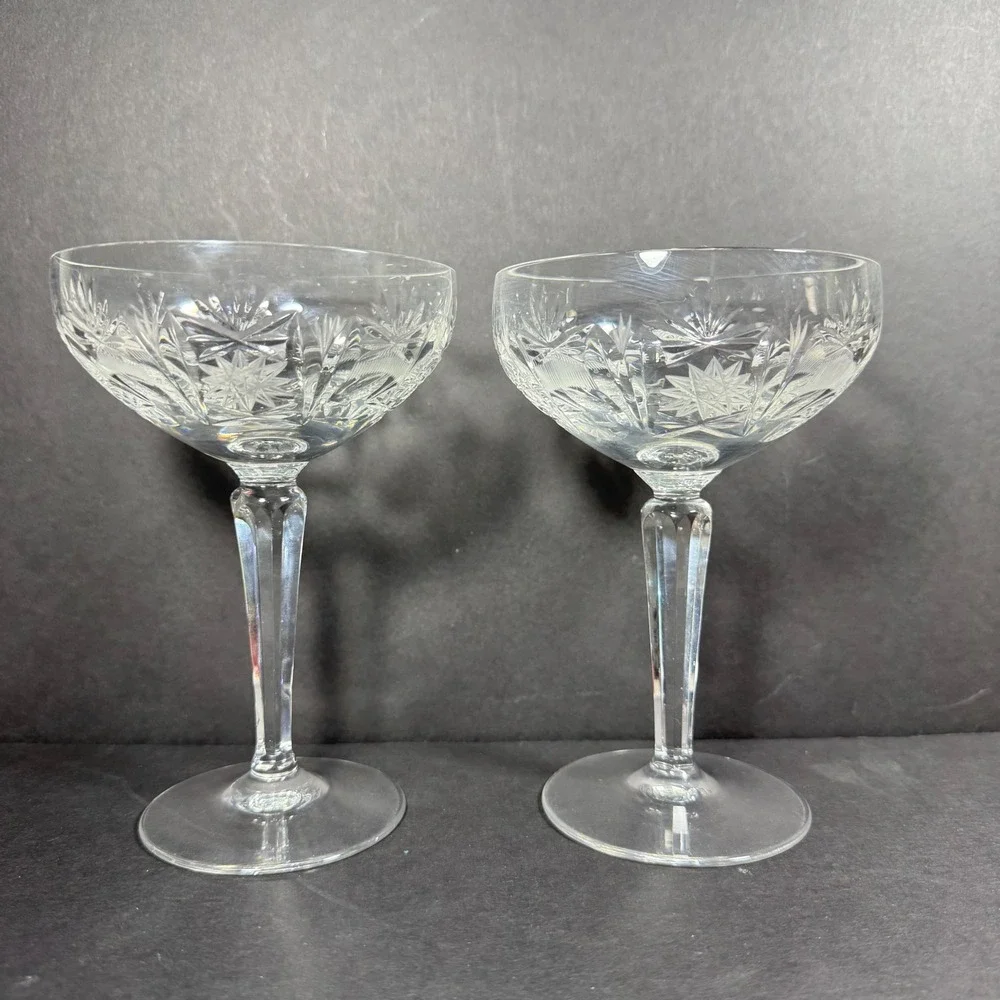 Champagne Coupe Glasses Clear Starburst Cut Pattern Vintage Style Set of 2